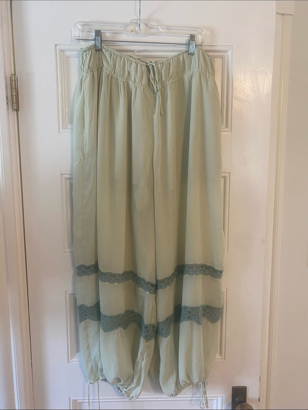 Free People Light Sage Wide Leg Drawstring Pants with Lace Trim